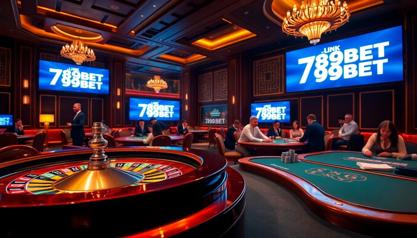 Engaging casino scene highlighting the Link chính thức 789BET with roulette and poker chips.