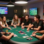 Friends enjoying a lively game night at a gem88 poker table, surrounded by vibrant decor and live sports screens.