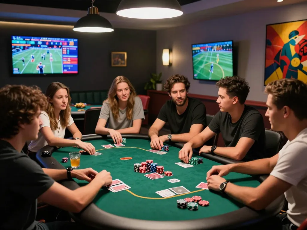 Friends enjoying a lively game night at a gem88 poker table, surrounded by vibrant decor and live sports screens.