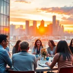 Explore construction networking events with diverse professionals collaborating at a lively roundtable.