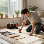 Carpet fitters near me measuring and installing soft carpet in a cozy living room.