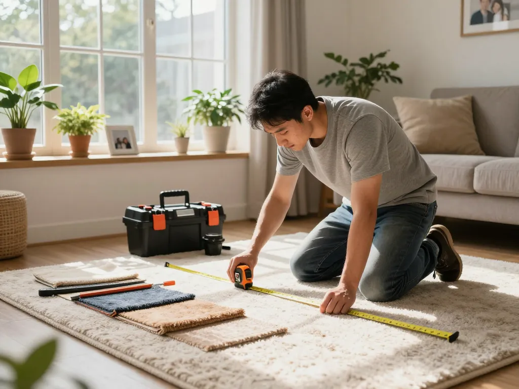 Carpet fitters near me measuring and installing soft carpet in a cozy living room.