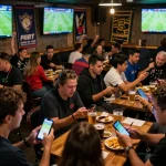 Tỷ lệ kèo nhà cái displayed on multiple screens as patrons engage in sports betting at a lively bar.