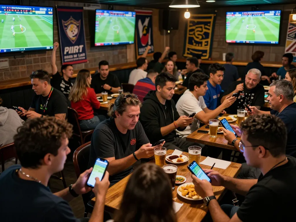 Tỷ lệ kèo nhà cái displayed on multiple screens as patrons engage in sports betting at a lively bar.