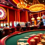 Engage in a thrilling game at RED88's luxurious poker table surrounded by colorful casino ambiance.