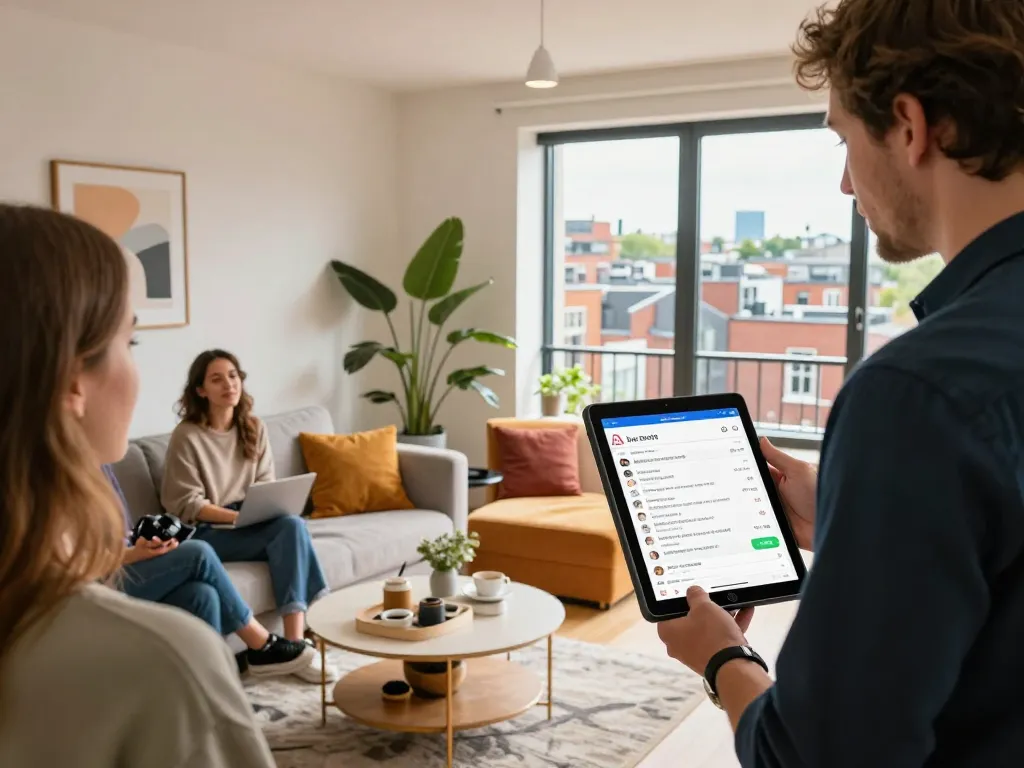 Engaging airbnb management dublin scene featuring local expert showcasing a stylish apartment and dynamic pricing.