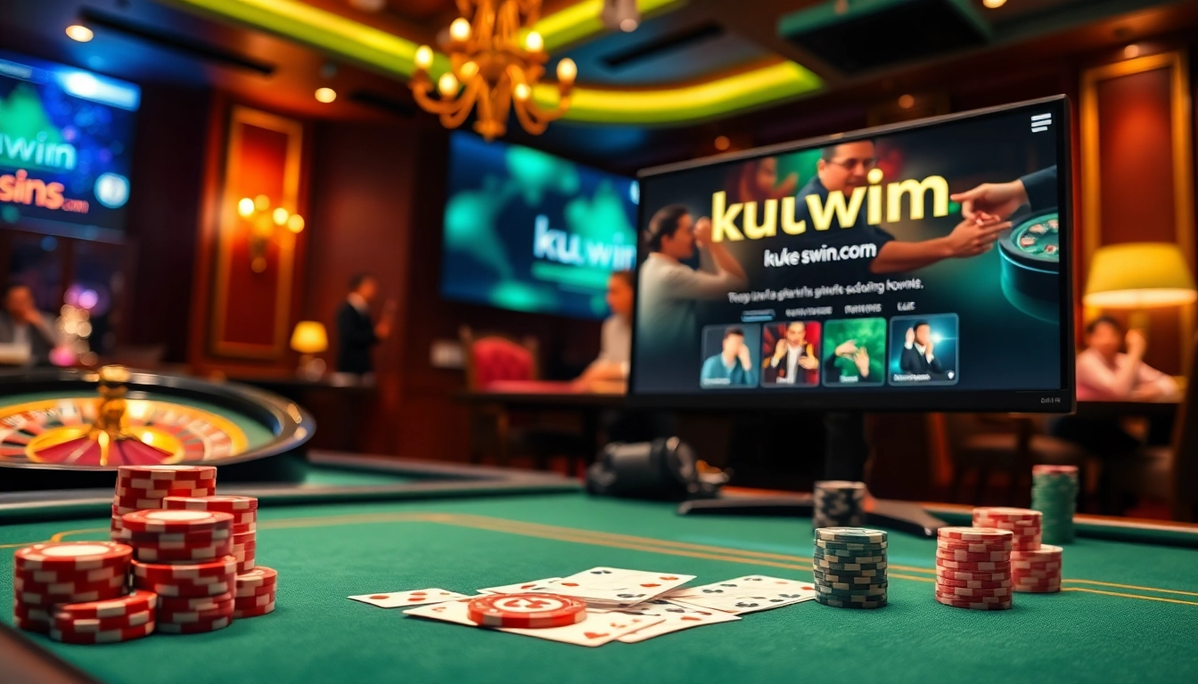 The excitement of online gambling at kuwin.com with vibrant poker chips and a roulette wheel.