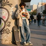 Individual wearing a trendy sunwin hoodie in a lively urban setting, showcasing street fashion.