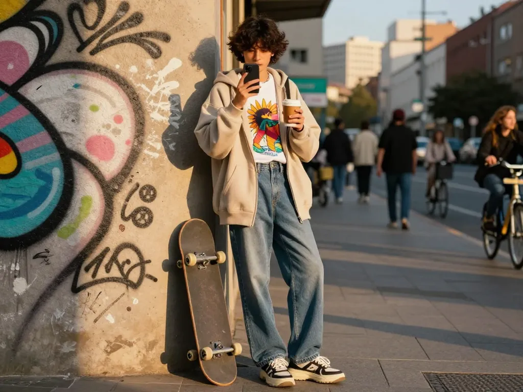 Individual wearing a trendy sunwin hoodie in a lively urban setting, showcasing street fashion.