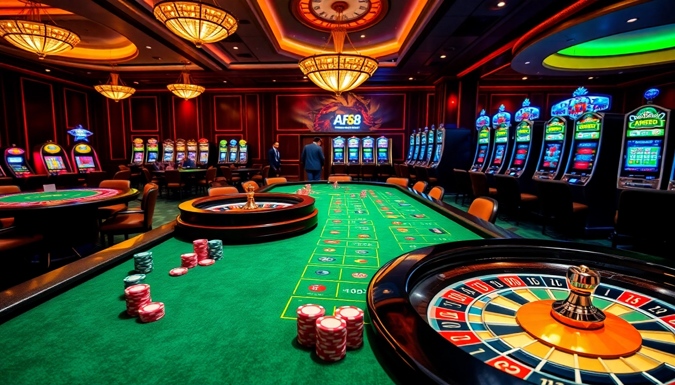 Players enjoying thrilling games at Af88 casino with vibrant gaming tables and roulette wheels.