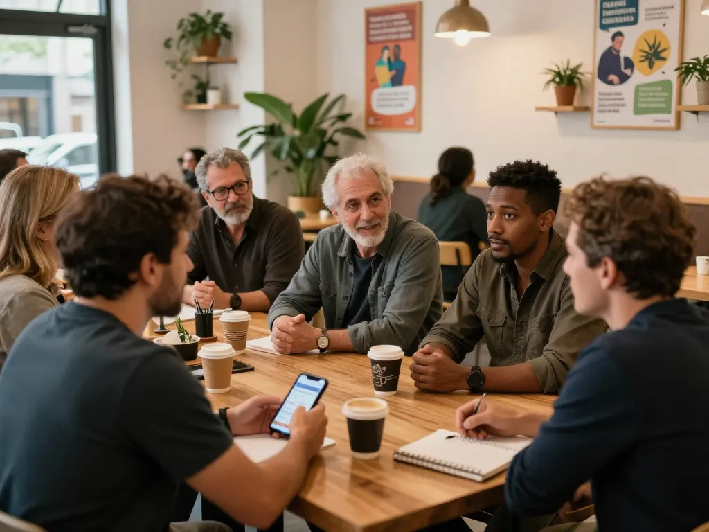 Men in a manclub support group sharing stories over coffee in a cozy café.