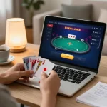 Engaging poker game using 23win on a laptop shows strategy and excitement.