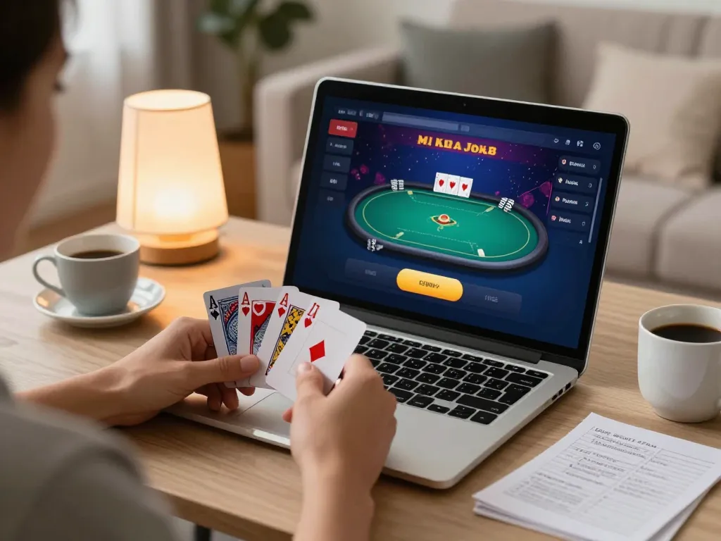 Engaging poker game using 23win on a laptop shows strategy and excitement.