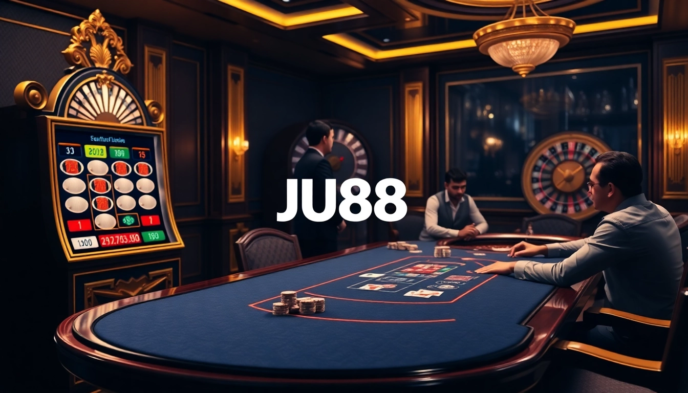 Experience thrilling games at jun88 with an elegant poker table and exciting slot machines.