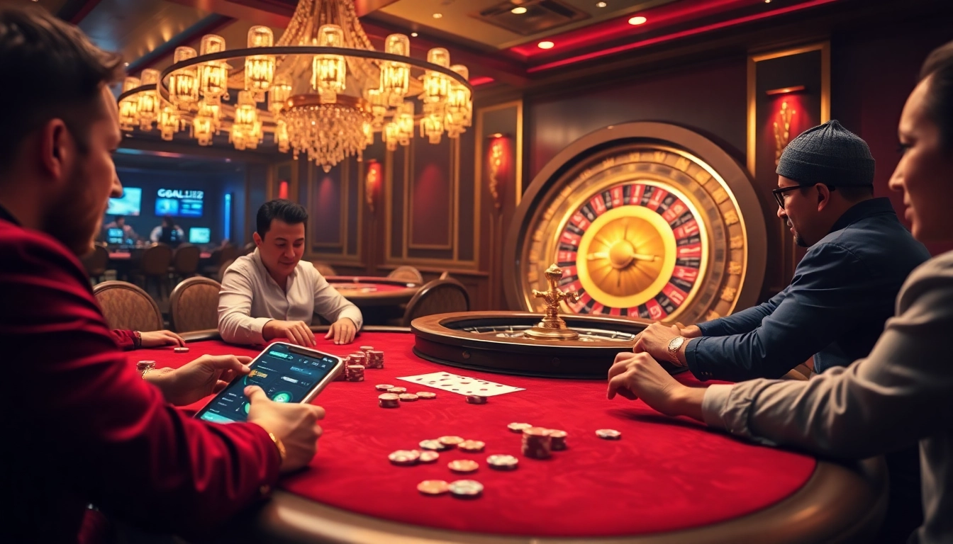 Engaging players at Goal123 in an exciting poker game, highlighting luxury and thrill in a sophisticated casino environment.