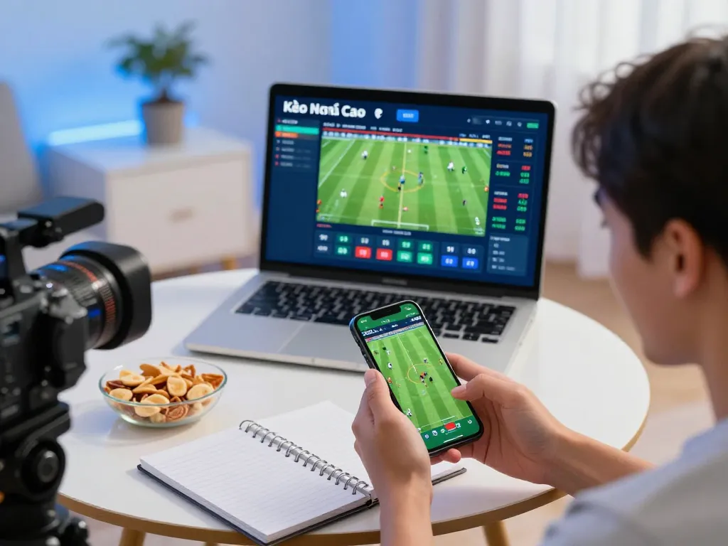 Kèo Nhà Cái sports betting experience with a person placing live bets on smartphone, showcasing betting strategies and dynamic interface