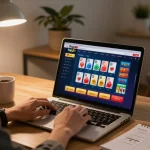 Engaged player using Topzo online casino app on laptop at home.