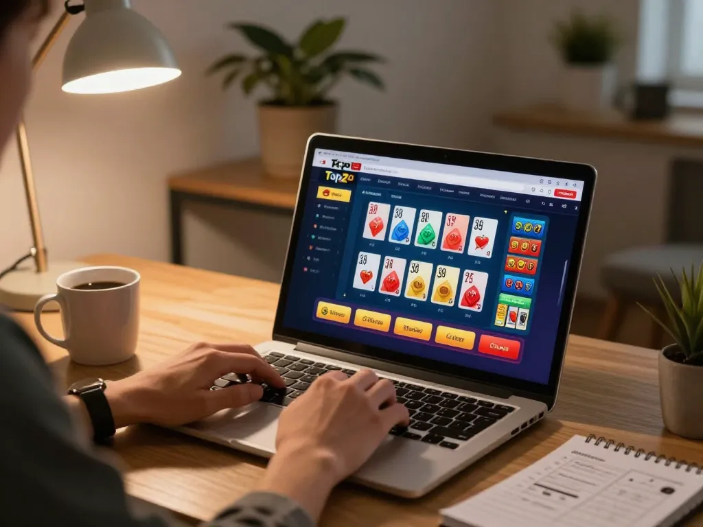 Engaged player using Topzo online casino app on laptop at home.