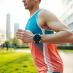 Runner checking Coros sports watch in a vibrant urban park during morning sunlight.