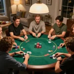 MMOO poker night scene with friends playing Texas Hold'em, vibrant colors and strategic gameplay.