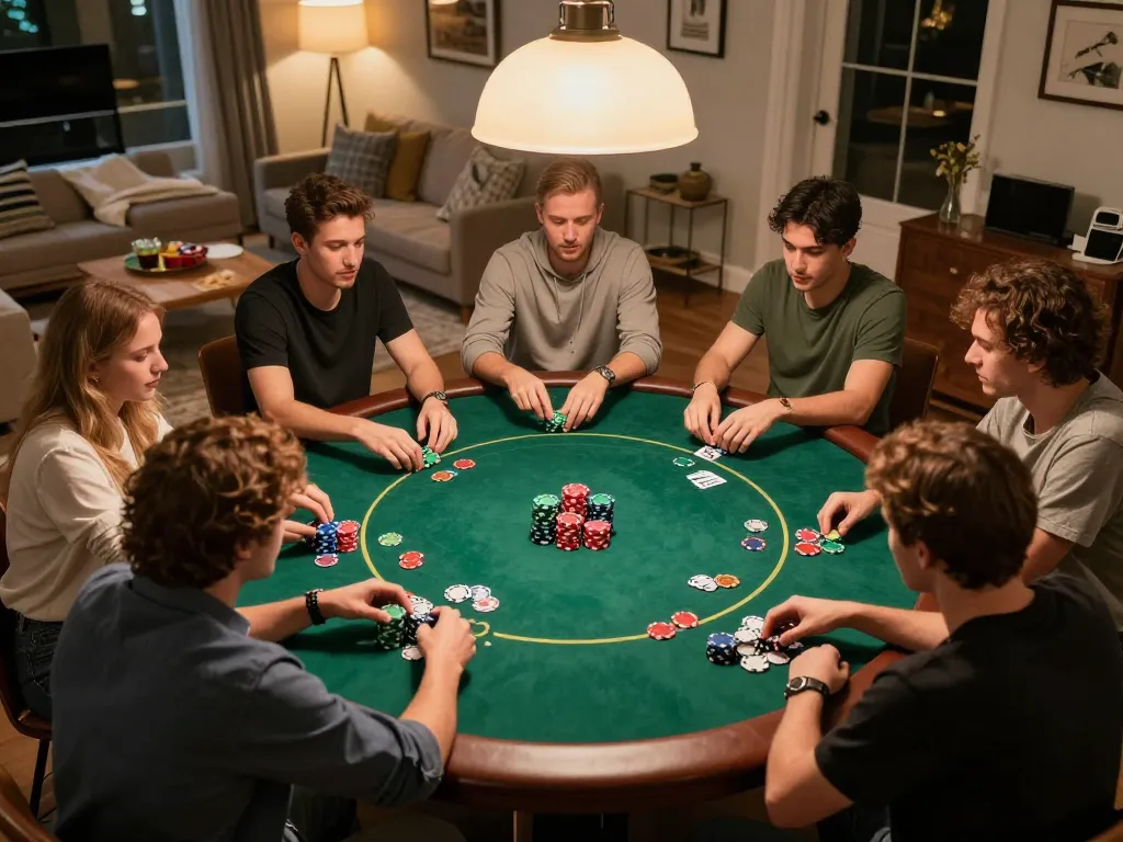 MMOO poker night scene with friends playing Texas Hold'em, vibrant colors and strategic gameplay.