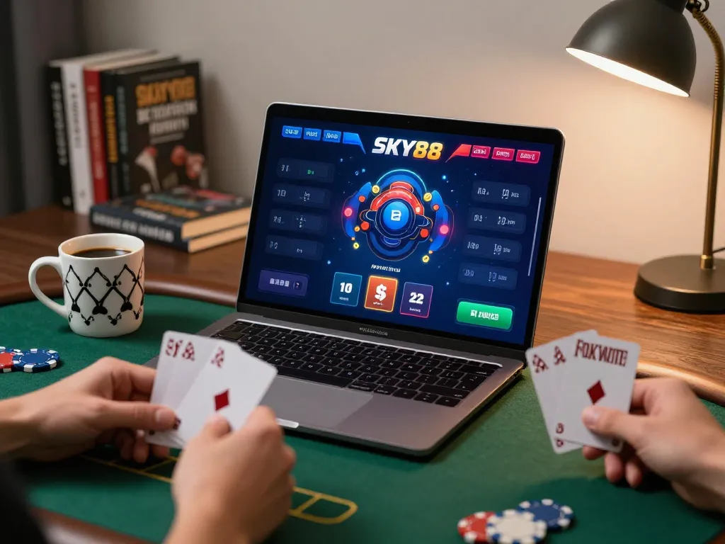 Person enjoying an engaging poker session on SKY88 platform, laptop displaying live game interface with chips and cards.