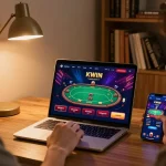 KWIN app on laptop screen shows active poker gameplay in a cozy home gaming setup