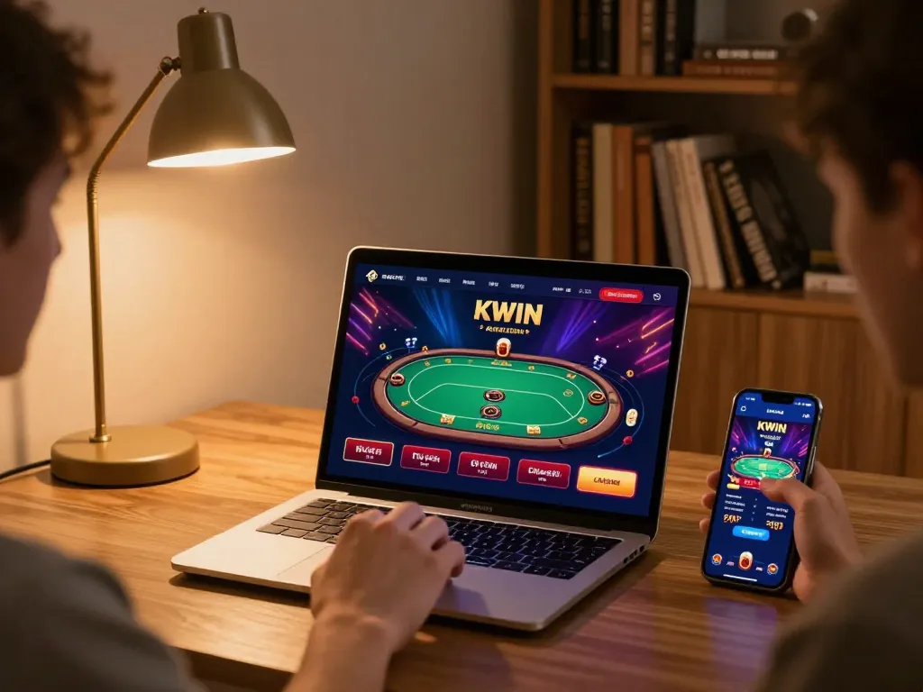 KWIN app on laptop screen shows active poker gameplay in a cozy home gaming setup