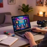 Player engaged with online TR88 gameplay using a laptop at home, showcasing strategic gaming.