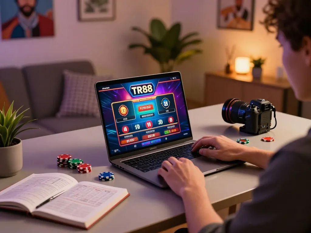 Player engaged with online TR88 gameplay using a laptop at home, showcasing strategic gaming.