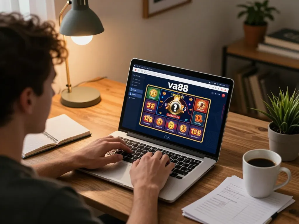 Player engaging with va88 casino app on laptop, showcasing online poker gameplay and strategic notes.