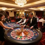 Players at a 13win roulette table focused on winning bets in an upscale casino.