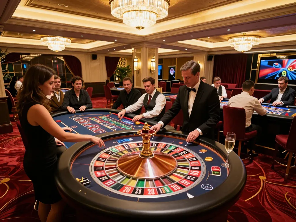 Players at a 13win roulette table focused on winning bets in an upscale casino.