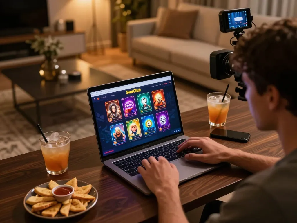 Engaging player immersing in Sanclub online gaming session, cozy atmosphere with vibrant app interface.