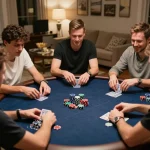 okwin68 players engaged in intense poker game with warm home atmosphere and snacks.