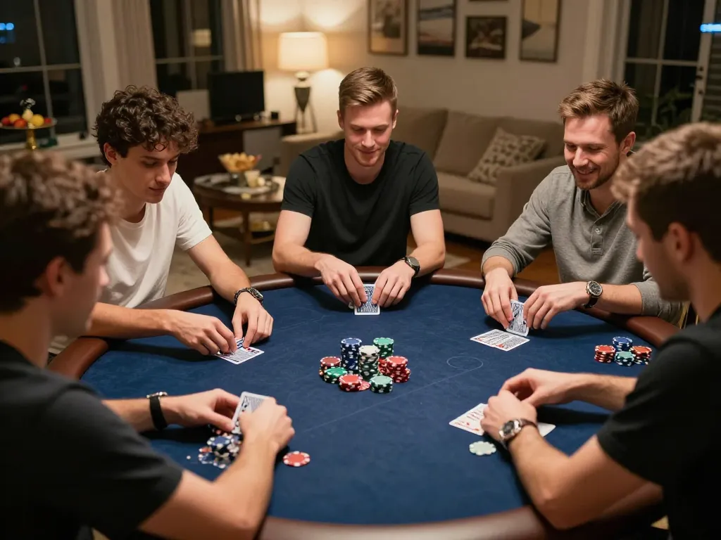 okwin68 players engaged in intense poker game with warm home atmosphere and snacks.