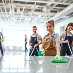 Cleaning services calgary team ensuring a spotless office environment in a bright modern space.