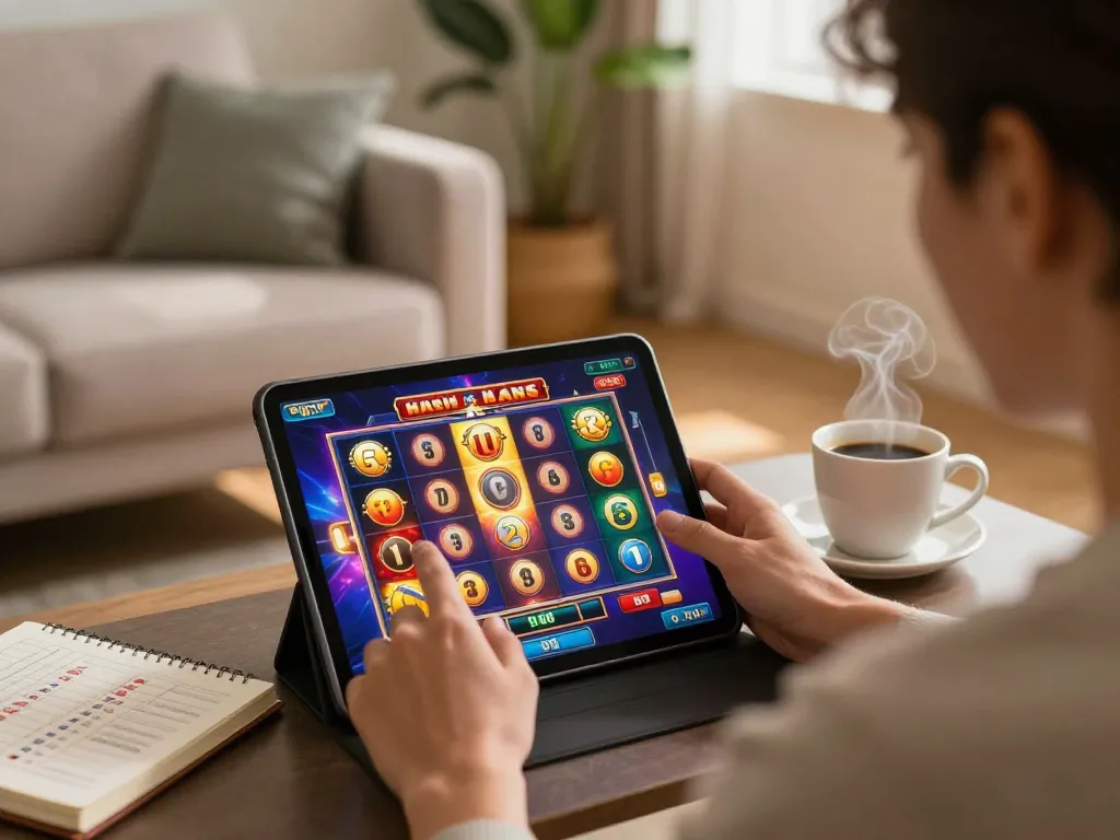 Engaging with Slot Malaysia games on a tablet, person focused on winning strategies at home.