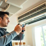 AC Repair Tampa technician servicing an air conditioning unit in a bright living room.