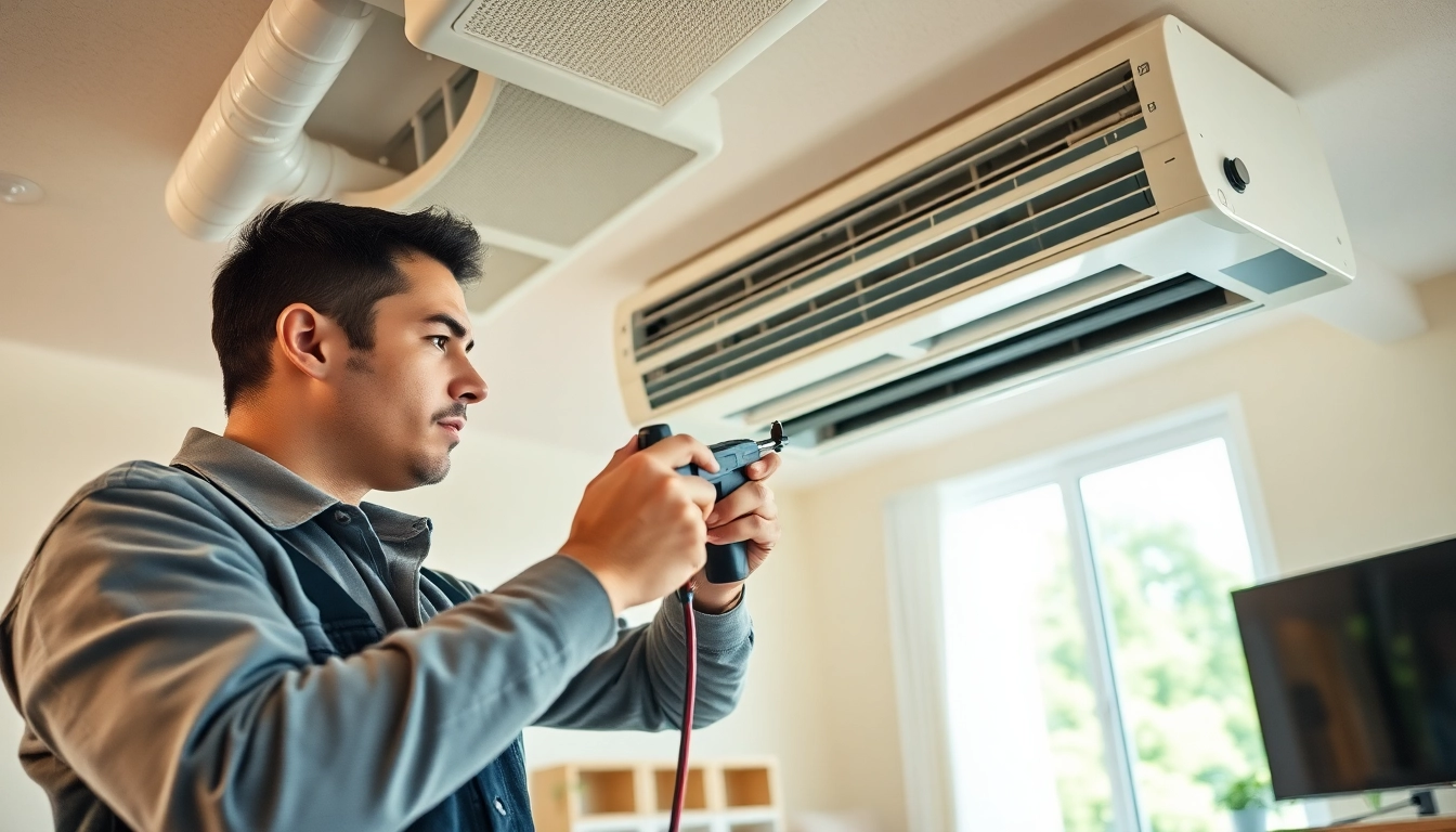 AC Repair Tampa technician servicing an air conditioning unit in a bright living room.