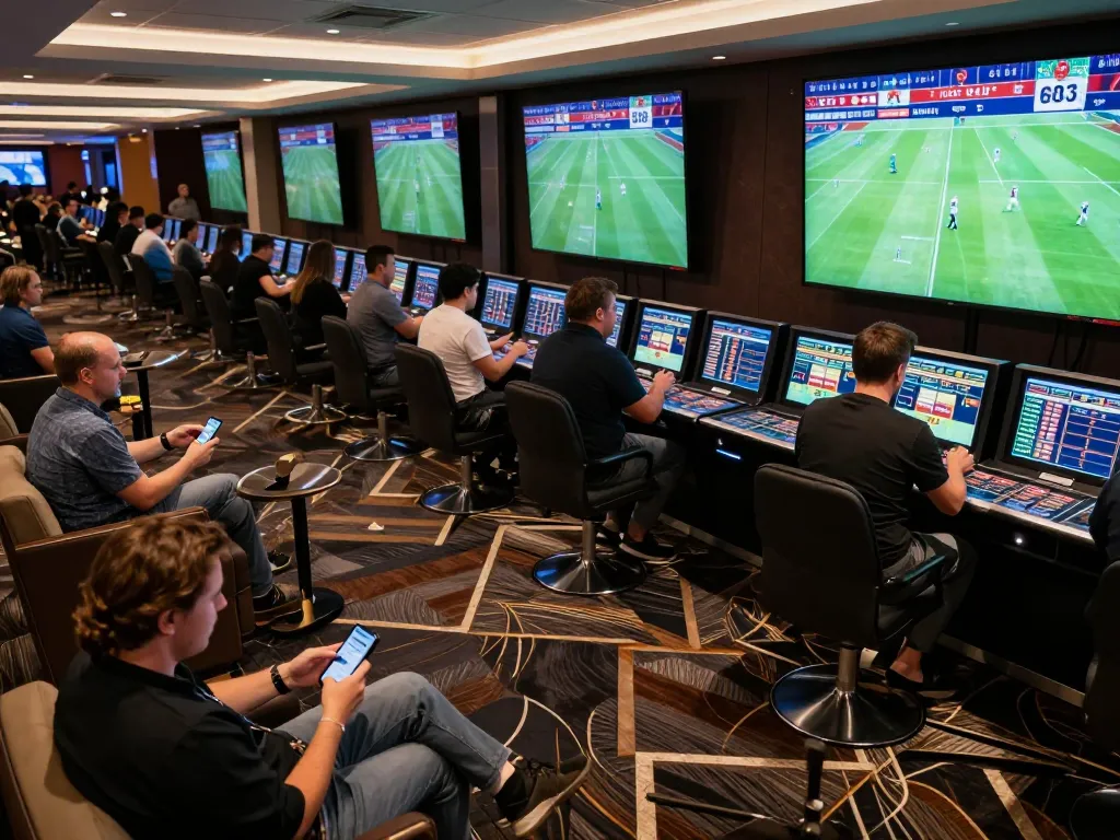 Fans placing bets on their smartphones at a sports betting area highlighting 7mcn's live betting excitement.