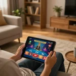 Hand engaging with may88sss online gaming interface on a tablet in a cozy home setting.