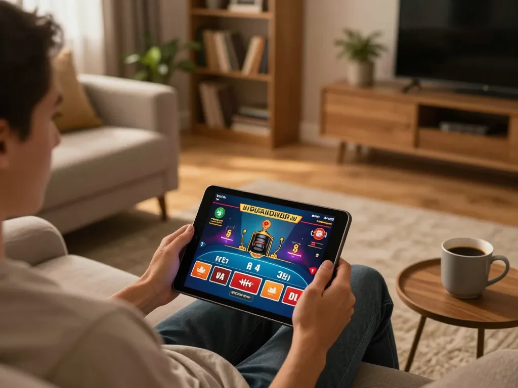 Hand engaging with may88sss online gaming interface on a tablet in a cozy home setting.