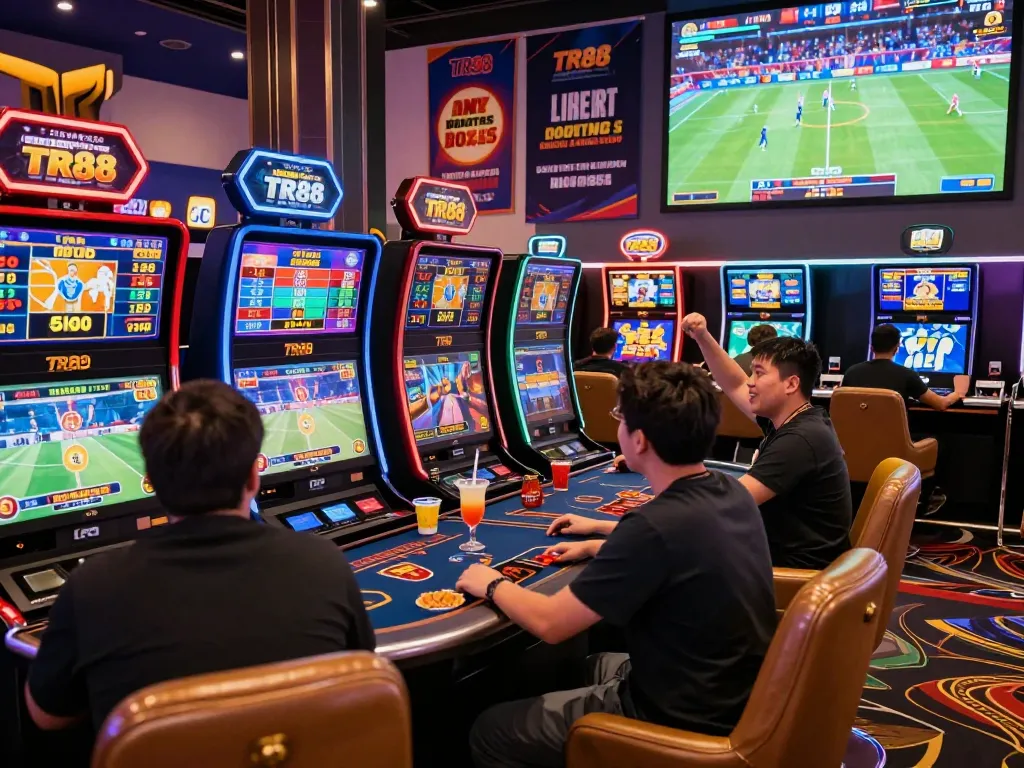 Exciting gaming atmosphere at TR88 with players enjoying casino games and vibrant digital displays.