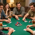 Engaging home poker night scene featuring DA88 poker strategies among friends, showcasing friendly competition.
