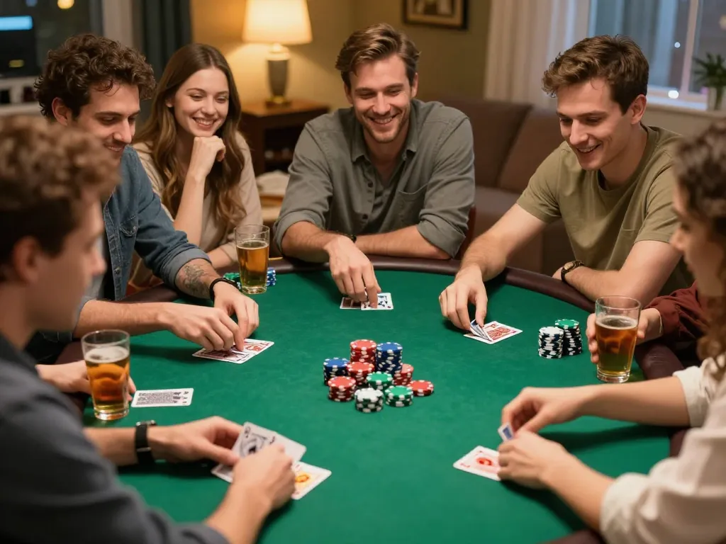 Engaging home poker night scene featuring DA88 poker strategies among friends, showcasing friendly competition.