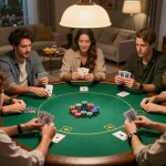 Friends enjoying a poker night at home with tg88 gaming strategies and colorful chips.