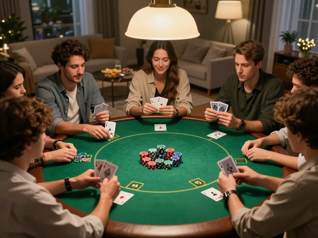 Friends enjoying a poker night at home with tg88 gaming strategies and colorful chips.