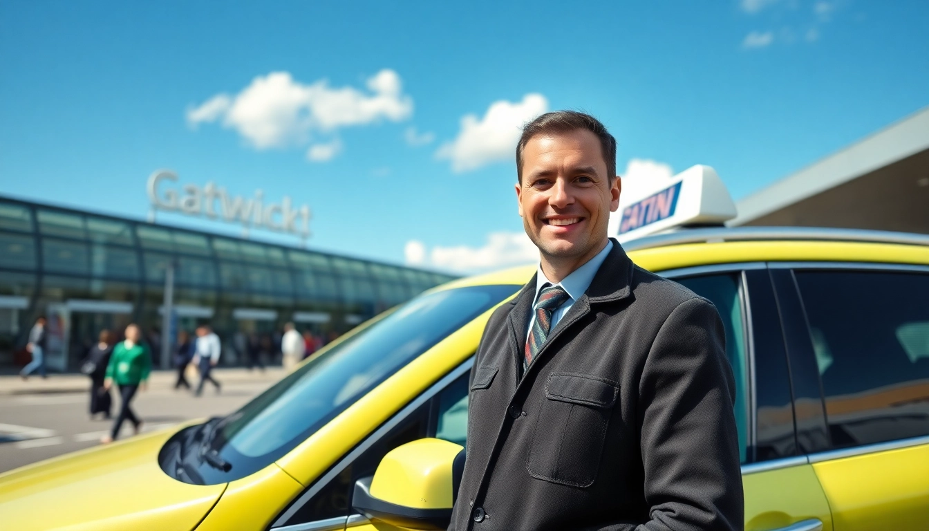 Taxi service at Gatwick Airport, welcoming passengers with a friendly atmosphere.