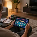 Player engaged in win68 online poker game with cozy atmosphere and strategic focus